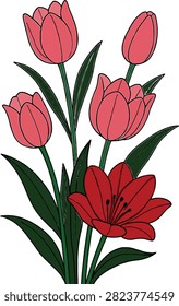 Hand drawn botanical illustration featuring four pink tulips and one red lily with long green leaves on a clean white background. The simple floral composition is suitable for greeting cards, spring themes, gardening, floral décor, stationery, invitations, and nature-related creative projects.