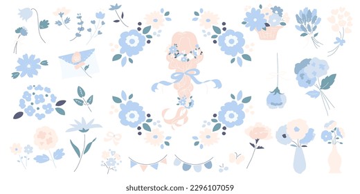 hand drawn botanical illustration set girly blue vector material