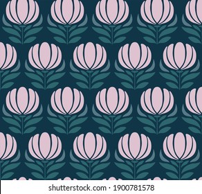 Dibujo botánico a mano. Flores simples de color rosa claro minimalista sobre un fondo azul oscuro. Patrón de doodle de superficie. Tejido moderno y adorno. Impresión impecable. Plantilla para su negocio.