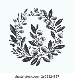 Hand drawn botanical illustration vintage floral wreath of wild flowers, engraved black and white frame, set of decorative elements of plants, blossom pattern, blooming sketch Collection leaf branches