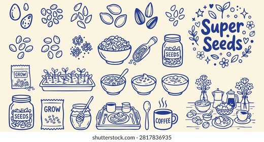 Hand drawn botanical illustrations depicting diverse seeds sprouting plants and breakfast essentials conveying nourishment and organic growth for wellness content.