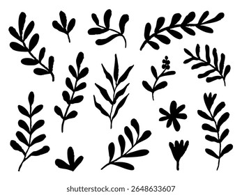 Hand Drawn Botanical Leaf Silhouette. A bold collection of hand drawn flat style black silhouettes featuring branches herbs leaves berries and flowers perfect for natural themes