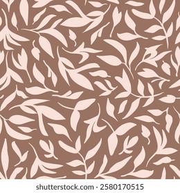 Hand drawn botanical leaves seamless repeat pattern on mocha mousse background. Random placed, vector herb aop, all over print in earthy tones.