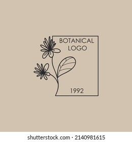 Hand drawn botanical logo. Floral line emblem, natural logotype template for spa and beauty salon, boutique. Elegant plant, organic label minimal style, rustic wedding card vector illustration