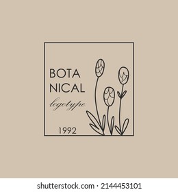 Hand drawn botanical logo. Floral line emblem, natural logotype template for spa and beauty salon, boutique. Elegant plant, organic label minimal style, rustic wedding card vector illustration