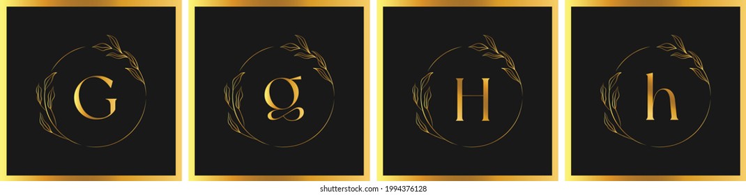 icono del logo botánico dibujado a mano con letras mayúsculas de pequeño alfabeto. Elementos de la plantilla Diseño de fuentes doradas - g y h