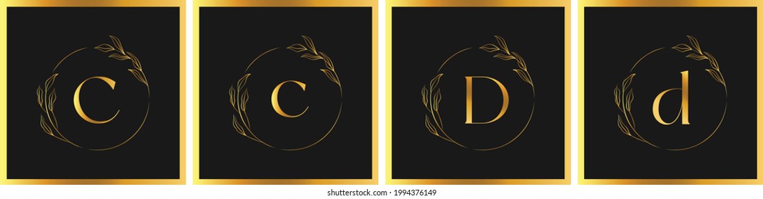 hand drawn botanical logo icon with capital small alphabet letters. Golden Font Design template elements - c and d