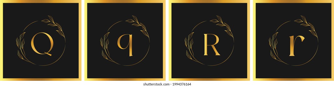 hand drawn botanical logo icon with capital small alphabet letters. Golden Font Design template elements - q and r