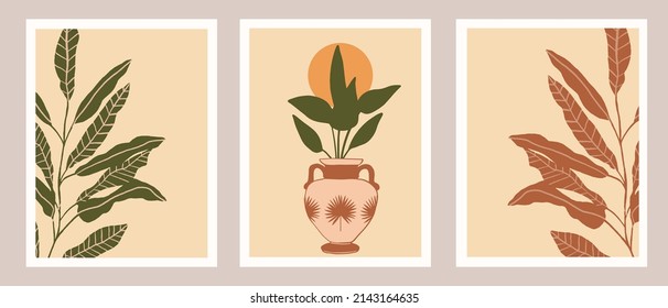 Hand Drawn Botanical Minimalist Boho Prints With Antique Vases And Tropical Exotic Leaves. Aesthetic Pastel Color Printable Wall Decor, Social Media Banner, Print Shop Design. Nature Boho Pattern