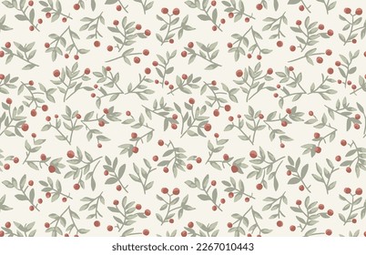 Hand drawn botanical mistletoe seamless pattern Christmas in vector watercolor effect