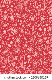 Hand drawn botanical mix seamless repeat pattern. Random placed, vector doodled herbs, flowers, leaves, plants all over surface print on red background.