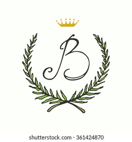 Hand drawn botanical monogram with B character in floral wreath made in vector. 