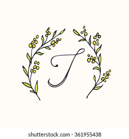 Hand drawn botanical monogram with I character in floral wreath made in vector. 