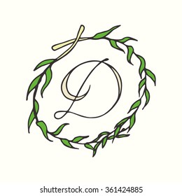 Hand drawn botanical monogram with D character in floral wreath made in vector. 