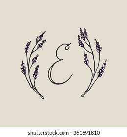 Hand drawn botanical monogram with E character in floral wreath made in vector. 