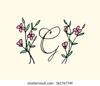 Hand drawn botanical monogram with G character in floral wreath made in vector. 