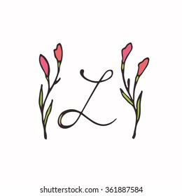 Hand drawn botanical monogram with L character in floral wreath made in vector. 