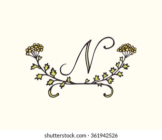 Hand drawn botanical monogram with N character in floral wreath made in vector. 