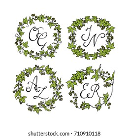 Hand drawn botanical monogram set. Calligraphic letters in hop wreath made in vector. 