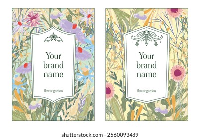 Hand Drawn Botanical Packaging Design with Flowers and Leaves. Textured Brushes Pastel Tones Elegant Layout for Branding Labels Posters Flower Garden Themes. Flat Vector Illustration.