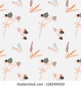 Hand drawn botanical pattern with flowers, berries and leaves. Doodle floral decoration. Cloth textile print. Vector illustration