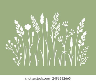 Hand drawn botanical pattern wildflowers set silhouettes, branches, plants and herbs with leaves, blooming flowers, field grass, decorative botanical elements