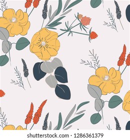 Hand drawn botanical pattern with yellow flowers, cute little berries and greenery leaves. Doodle floral decoration. Cloth textile print. Vector illustration