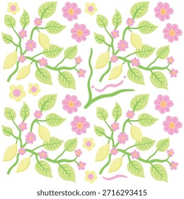 Hand drawn botanical pattern with yellow fruits and pink flowers vector illustration. Whimsical floral vector illustration with leaves and citrus fruit