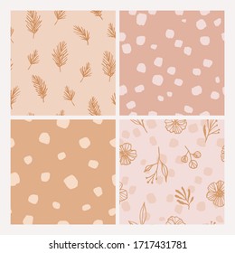 Hand drawn botanical patterns with leaves and flowers. Vector floral background set