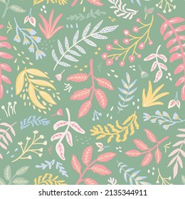 Hand drawn botanical plants seamless repeat pattern. Random placed, vector leaves, herbs, branches with dots all over print on sage green background.