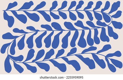 Hand drawn botanical poster. Contrasting blue plants in the Matisse style. Abstract botanical sketch. Bold minimalism. Trendy minimalistic design. Horizontal vector illustration