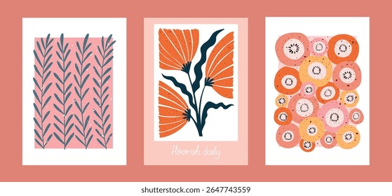 Hand drawn botanical posters with abstract flowers and bold leafy stems. Modern floral illustrations with textured backgrounds and inspiring lettering. Perfect for wall art, home decor