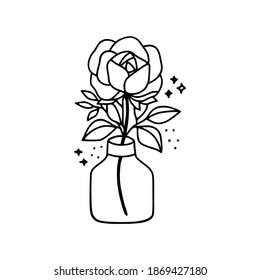 Hand drawn botanical rose flower, peony, bottle, jar, vase, leaf branch black line art element for icon, logo, symbol, wedding invitation card, beauty product, feminine brand, and template decoration