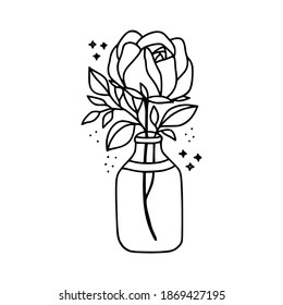 Hand drawn botanical rose flower, peony, bottle, jar, vase, leaf branch black line art element for icon, logo, symbol, wedding invitation card, beauty product, feminine brand, and template decoration