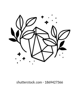 Hand drawn botanical rose flower, crystal, gem, stars, and leaf branch black line art elements for icon, logo, symbol, wedding invitation card, beauty product, feminine brand, and template decoration