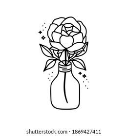 Hand drawn botanical rose flower, peony, bottle, jar, vase, leaf branch black line art element for icon, logo, symbol, wedding invitation card, beauty product, feminine brand, and template decoration