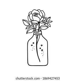 Hand drawn botanical rose flower, peony, bottle, jar, vase, leaf branch black line art element for icon, logo, symbol, wedding invitation card, beauty product, feminine brand, and template decoration