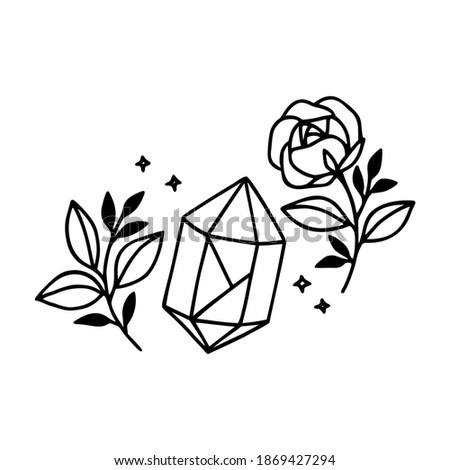 Hand drawn botanical rose flower, crystal, gem, stars, and leaf branch black line art elements for icon, logo, symbol, wedding invitation card, beauty product, feminine brand, and template decoration