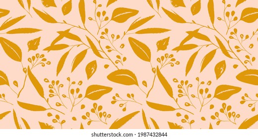 Hand drawn botanical seamless pattern. Trendy ink drawn textures.
