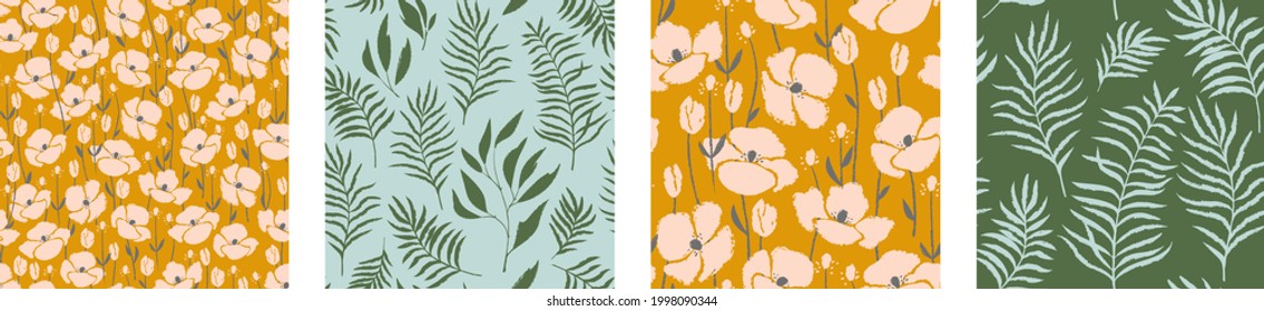 Hand drawn botanical seamless pattern set. Trendy ink drawn textures. Modern design for paper, cover, fabric, interior decor and other users.