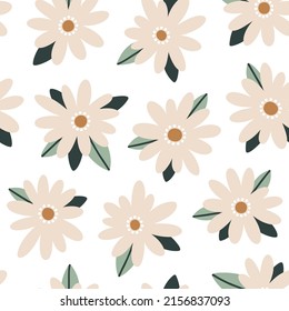 Hand drawn botanical seamless pattern with flat flowers and branches. Modern summer repeatable background for wrapping paper and fabric. Blooming flowers, plants, leaves. Colored vector illustration