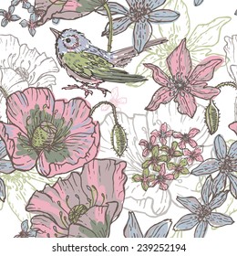 Hand drawn botanical  seamless pattern with bird . All objects are conveniently grouped  and are easily editable.