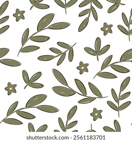 Hand drawn botanical seamless pattern featuring green leaves and flowers for fabric design