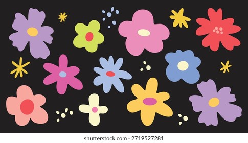 Conjunto botánico dibujado a mano de flores de primavera coloridas abstractas. Diseño floral orgánico en estilo retro de dibujos animados de moda. Flores de primavera en diferentes Formas. Lindo Vector hippie funky ilustración