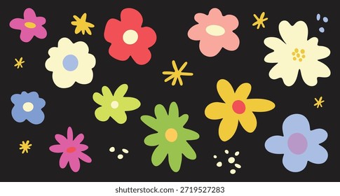 Conjunto botánico dibujado a mano de flores de primavera coloridas abstractas. Diseño floral orgánico en estilo retro de dibujos animados de moda. Flores de primavera en diferentes Formas. Lindo Vector hippie funky ilustración