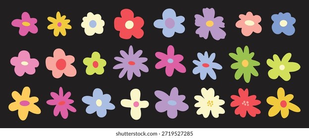 Hand drawn botanical set of abstract colorful spring flowers. Organic floral design in trendy cartoon retro style. Spring flowers in different shapes. Cute vector hippie funky illustration