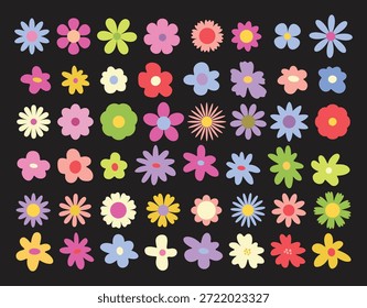 Hand drawn botanical set of abstract colorful spring Daisy flowers. Organic floral design in trendy cartoon retro style. Spring flowers in different shapes. Natural bloom petal. Floral design