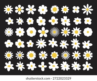 Conjunto botánico dibujado a mano de flores de margarita de primavera coloridas abstractas. Diseño floral orgánico en estilo retro de dibujos animados de moda. Flores de primavera en diferentes Formas. Pétalo de flor natural. Diseño floral