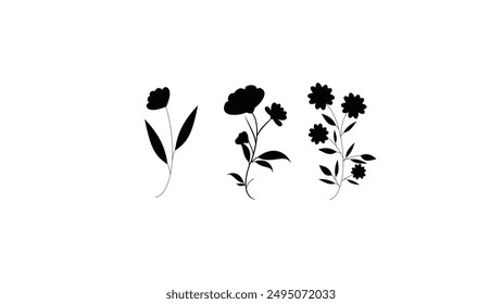 Hand drawn botanical set silhouettes, flowers and leaves. Plant line art, nature decorative element. Invitation, banner, cover, fabric design.