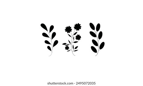 Hand drawn botanical set silhouettes, flowers and leaves. Plant line art, nature decorative element. Invitation, banner, cover, fabric design.
